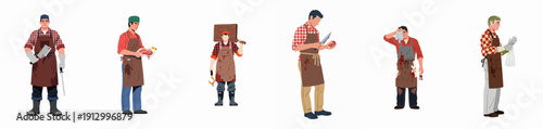 Set of male butchers or meat sellers in various poses, wearing aprons and holding knives, cleavers, meat cuts, or tools, isolated on white background.