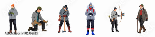 Set of six vector illustrations showing diverse people engaged in outdoor adventure activities, including hiking, archery, woods work, and winter exploration.