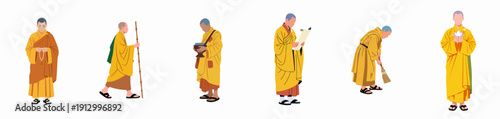 Set of vector illustrations depicting Buddhist monk life, including prayer, pilgrimage, alms rounds, study, sweeping, and offering a lotus.