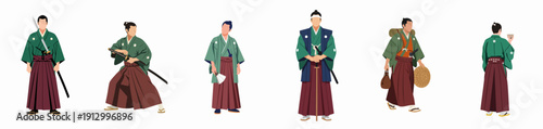 A collection of Japanese Samurai and Edo-period men in traditional green kimono and hakama, featuring diverse poses and historical character types on a white background.