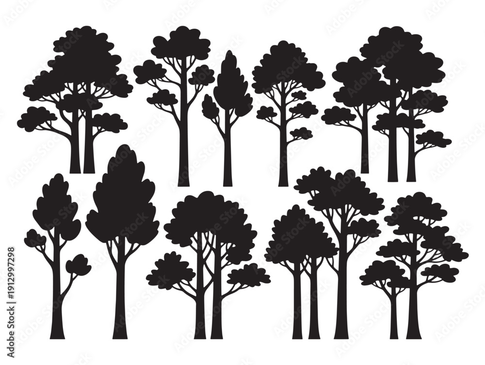 Fototapeta premium Tall tree silhouettes graceful line art collection