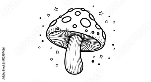 Whimsical black and white doodle drawing of a spotted mushroom surrounded by tiny stars and dots