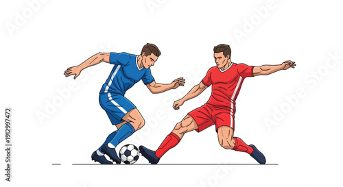 Two Football Players Competing for the Ball, Soccer Action Illustration Vector