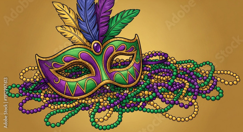 Mardi gras mask with colorful beads and feathers on gold background for carnival celebration