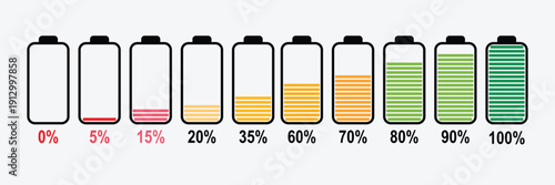 Battery charge level indicator icons showing various stages from zero to hundred percent with colorful progress bars for energy status isolated on white backdrop