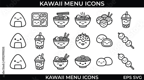 Collection of Kawaii Japanese Food Icons in Black and White.