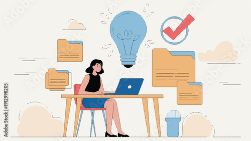 A flat, minimalist illustration of a workspace scene with a large light bulb as the central focus (2)_traced