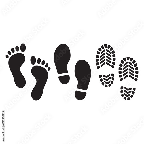 Black footprints and shoe prints illustration on white background