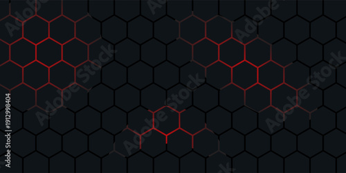Abstract dark hexagon pattern on red neon background technology style. Modern futuristic geometric shape web banner design. You can use for cover template, poster, flyer, print ad. Vector illustration