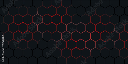 Abstract dark hexagon pattern on red neon background technology style. Modern futuristic geometric shape web banner design. You can use for cover template, poster, flyer, print ad. Vector illustration