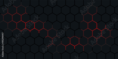 Abstract dark hexagon pattern on red neon background technology style. Modern futuristic geometric shape web banner design. You can use for cover template, poster, flyer, print ad. Vector illustration