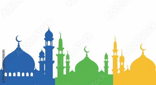 Colorful Mosque Silhouettes with Crescent Moons and Minarets.