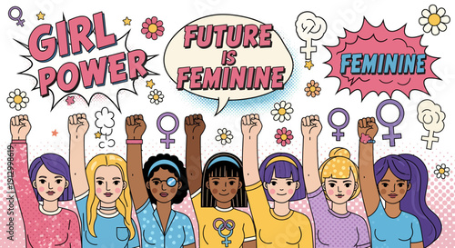 Diverse group of empowered women united for gender equality and future rights illustration