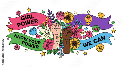 Celebrating Female Empowerment with United Fists, Floral Accents, and Motivational Slogans