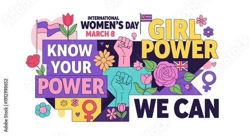 Vibrant illustration promoting women's empowerment and equality for International Women's Day celebration