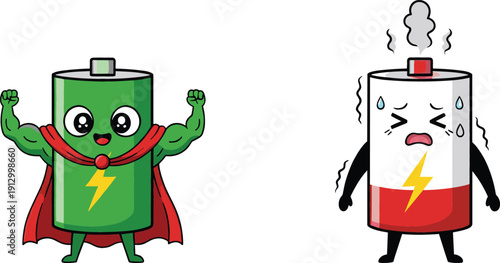 Cartoon Battery Characters Vector Illustration Showing Full Power and Low Energy States for Technology, Apps, Charging Concepts, and Playful Design Projects