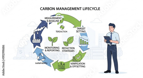 Businessman standing next to carbon management lifecycle diagram with environmental strategies
