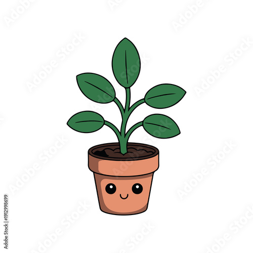 Cute green plant with face sprouts in small terracotta pot illustration