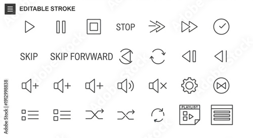 Editable stroke media player icons set including play pause stop and volume control symbols for video and audio playback