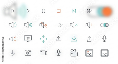 Multimedia control icons for interface design playback symbols media buttons and social media graphics elements