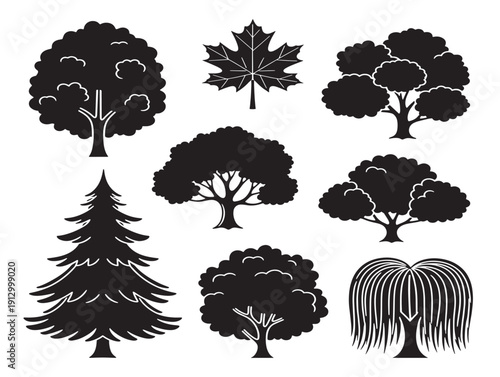 Lush bushy trees collection with elegant full canopy silhouette line art