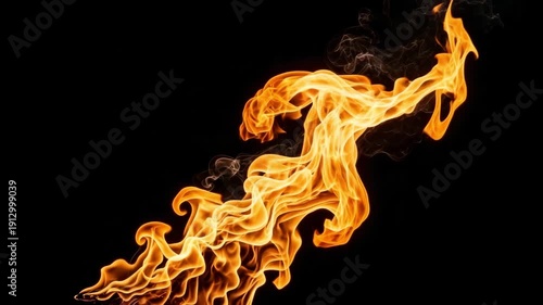 Dynamic Orange Flame Burning with Swirling Smoke Against Black Background Abstract Fire