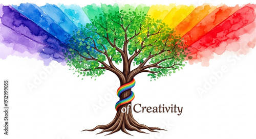 Vibrant tree of creativity with rainbow colors and intertwined dna symbol