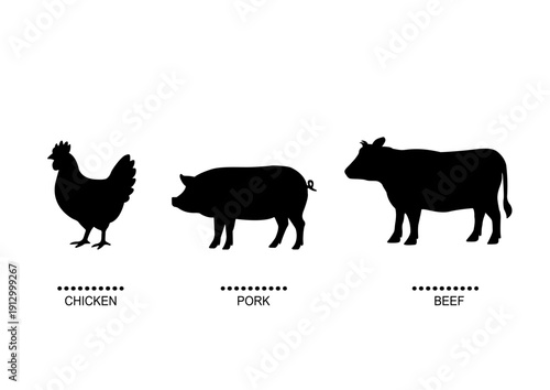 鶏と豚と牛のシルエットイラスト　ビーフ　ポーク　チキン　シンプルなアイコン素材