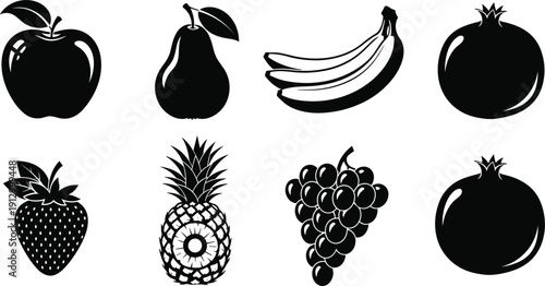 Large collection of black fruit silhouettes including apple pear banana pomegranate strawberry pineapple and grapes for minimalist grocery store branding or logo design.