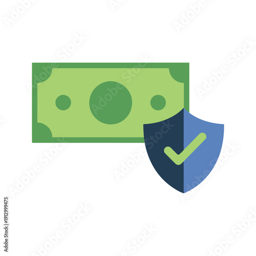 Green money bill protected by blue shield with checkmark in flat style