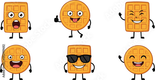 Cute Cartoon Waffle Characters Vector Set with Funny Expressions for Breakfast Food Branding, Kids Illustrations, Stickers, and Playful Graphic Design Projects