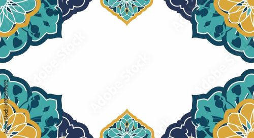 Intricate Islamic geometric pattern frame with vibrant teal and gold accents.