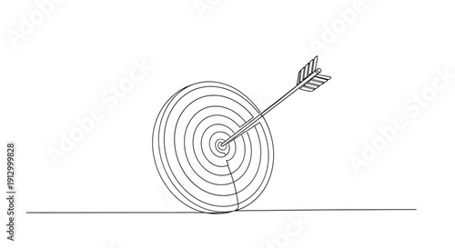Arrow hitting bullseye on target, single line drawing