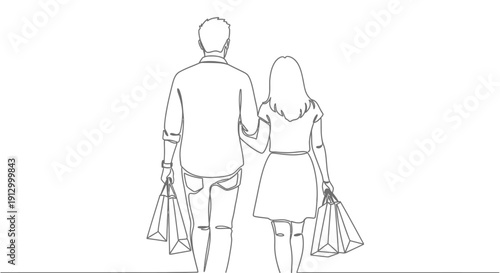 Couple walking with shopping bags, single line drawing