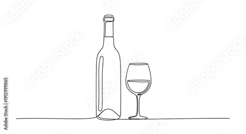 Wine bottle and glass, elegant single line drawing