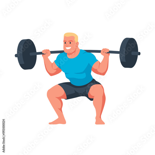 strong man barbell squat, high bar squat exercise, weightlifting workout scene, bending knees squat form, strength training concept, gym fitness routine, heavy barbell lift, muscular athlete training,