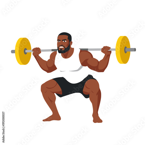 strong man barbell squat, high bar squat exercise, weightlifting workout scene, bending knees squat form, strength training concept, gym fitness routine, heavy barbell lift, muscular athlete training,