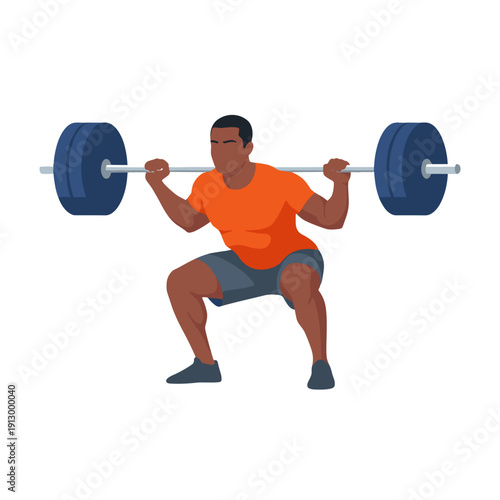 strong man barbell squat, high bar squat exercise, weightlifting workout scene, bending knees squat form, strength training concept, gym fitness routine, heavy barbell lift, muscular athlete training,