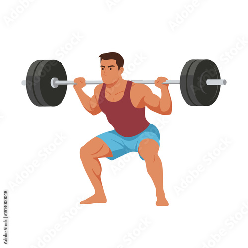 strong man barbell squat, high bar squat exercise, weightlifting workout scene, bending knees squat form, strength training concept, gym fitness routine, heavy barbell lift, muscular athlete training,