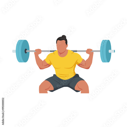 strong man barbell squat, high bar squat exercise, weightlifting workout scene, bending knees squat form, strength training concept, gym fitness routine, heavy barbell lift, muscular athlete training,