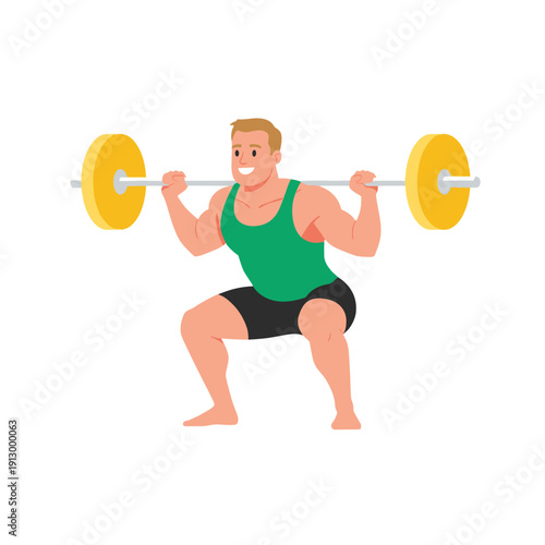 strong man barbell squat, high bar squat exercise, weightlifting workout scene, bending knees squat form, strength training concept, gym fitness routine, heavy barbell lift, muscular athlete training,