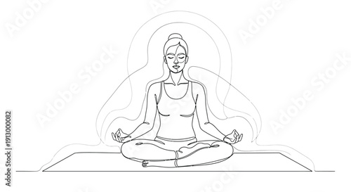 Woman meditating in lotus position, continuous line art