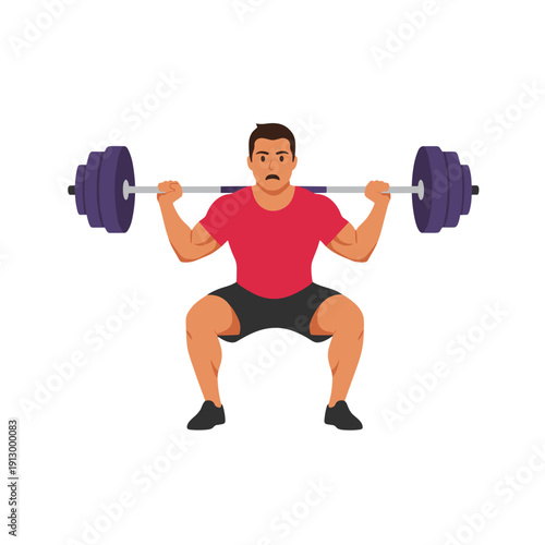 strong man barbell squat, high bar squat exercise, weightlifting workout scene, bending knees squat form, strength training concept, gym fitness routine, heavy barbell lift, muscular athlete training,