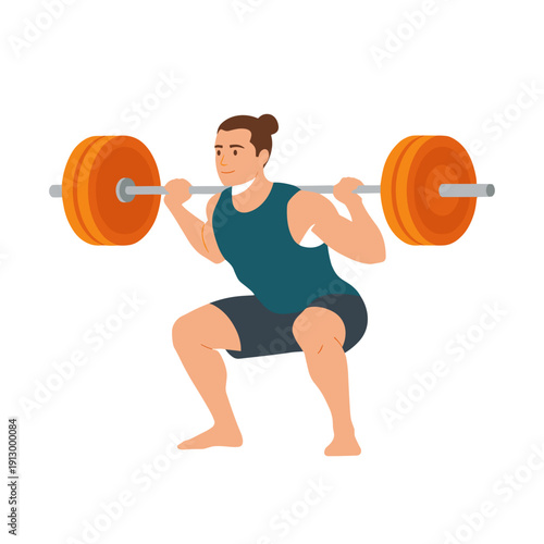 strong man barbell squat, high bar squat exercise, weightlifting workout scene, bending knees squat form, strength training concept, gym fitness routine, heavy barbell lift, muscular athlete training,