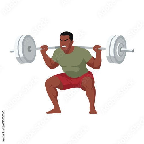 strong man barbell squat, high bar squat exercise, weightlifting workout scene, bending knees squat form, strength training concept, gym fitness routine, heavy barbell lift, muscular athlete training,