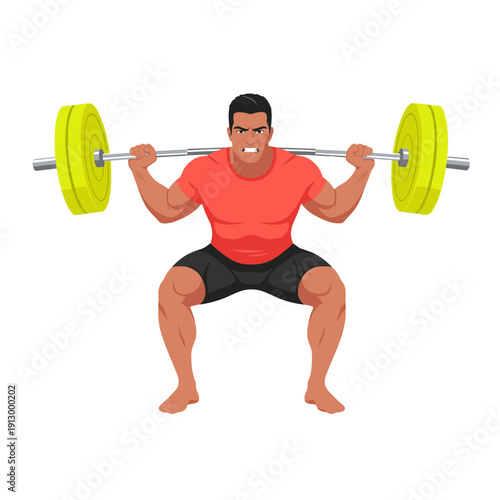 strong man barbell squat, high bar squat exercise, weightlifting workout scene, bending knees squat form, strength training concept, gym fitness routine, heavy barbell lift, muscular athlete training,