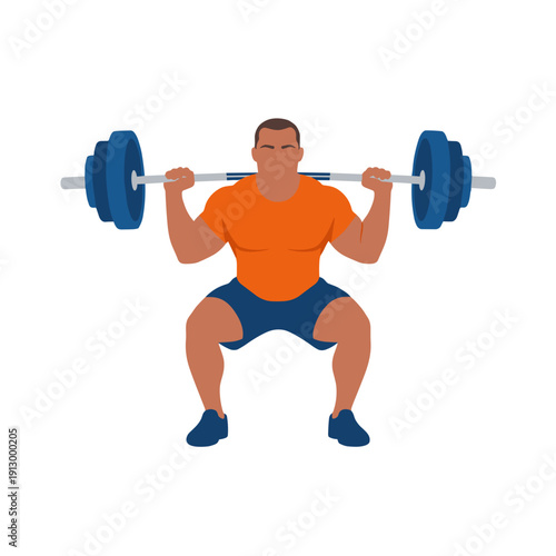 strong man barbell squat, high bar squat exercise, weightlifting workout scene, bending knees squat form, strength training concept, gym fitness routine, heavy barbell lift, muscular athlete training,