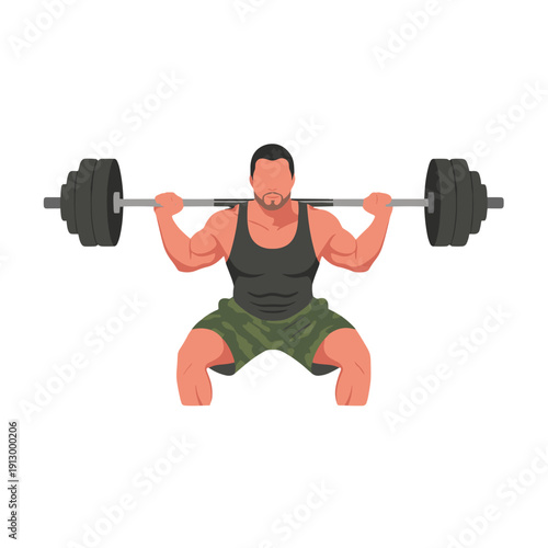 strong man barbell squat, high bar squat exercise, weightlifting workout scene, bending knees squat form, strength training concept, gym fitness routine, heavy barbell lift, muscular athlete training,