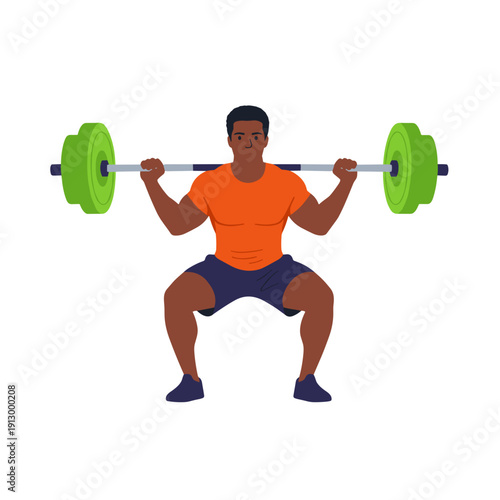 strong man barbell squat, high bar squat exercise, weightlifting workout scene, bending knees squat form, strength training concept, gym fitness routine, heavy barbell lift, muscular athlete training,
