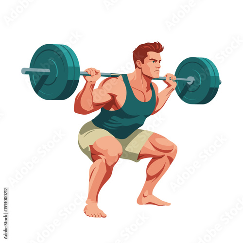 strong man barbell squat, high bar squat exercise, weightlifting workout scene, bending knees squat form, strength training concept, gym fitness routine, heavy barbell lift, muscular athlete training,